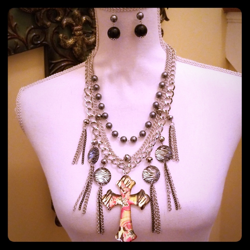 Statement Cross Necklace with Earrings